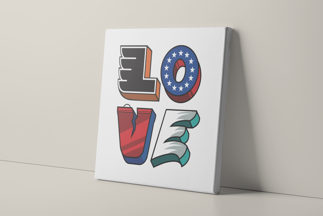 Love Philly Teams Canvas | Philadelphia Sports Teams Love Sign White Wall Canvas this canvas has the love statue with every letter representing a Philly sports team