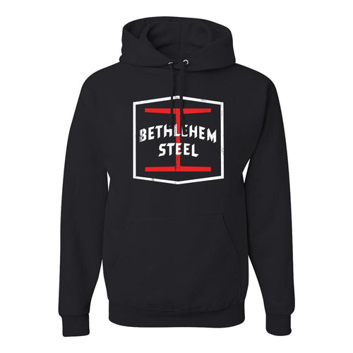 Bethlehem Steel Distressed Pullover Hoodie | Bethlehem Steel Black Pull Over Hoodie the front of this hoodie has the steel logo in it