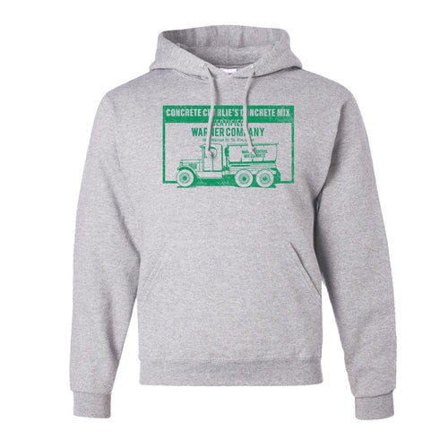 Concrete Charlie's Pullover Hoodie | Chuck Bednarik's Concrete Mix Ash Pull Over Hoodie the front of this hoodie has the concrete company