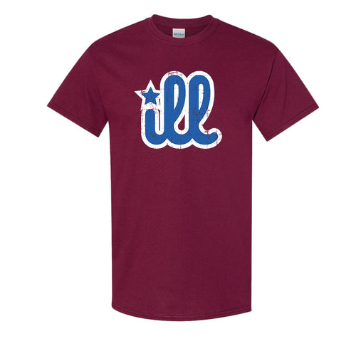ILL Logo T-Shirt | ILL Logo Maroon T-Shirt the front of this shirt has the blue and white ill design on it