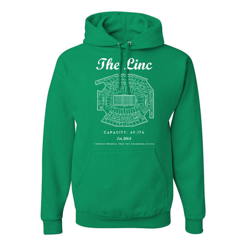 The Linc Seating Chart Pullover Hoodie | The Linc Seat Map Kelly Green Pullover Hoodie the front of this hoodie has the linc seating chart on it