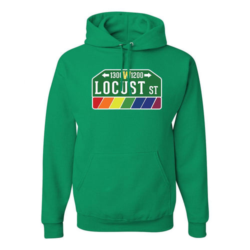 Locust Street Pullover Hoodie | Locust Street Kelly Green Pull Over Hoodie the front of this hoodie has the locust street sign