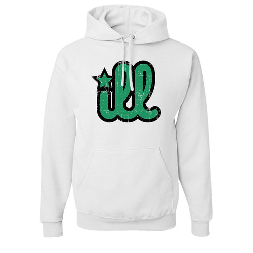 ILL Logo Pullover Hoodie | ILL Logo White Pull Over Hoodie the front of this hoodie has the green and black ill design