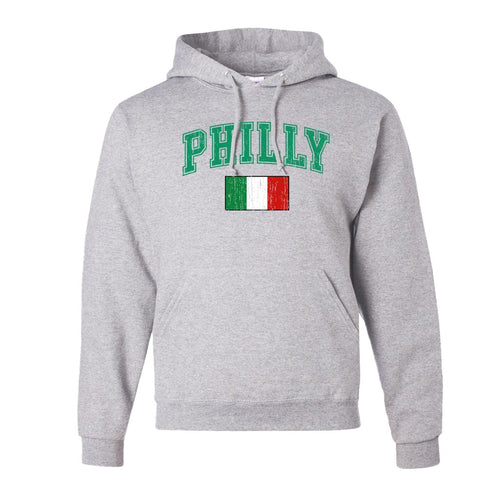 Philly Italian Flag Pullover Hoodie | Philly Italian Flag Ash Pull Over Hoodie the front of this hoodie has the philly italian flag design