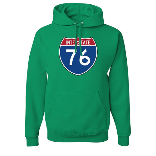 Interstate 76 Pullover Hoodie | Interstate 76 Kelly Green Pull Over Hoodie the front of this hoodie has the interstate 76 sign