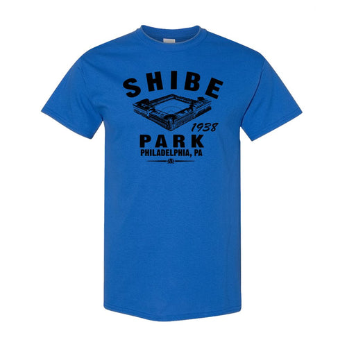 Shibe Park Retro T-Shirt | Shibe Park Vintage Royal Blue T-Shirt thee front of this shibe park shirt has the park and text in black along with the year that the Baseball joined the stadium