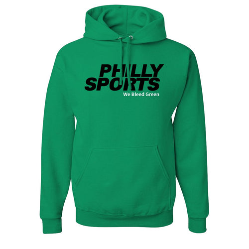 Bleed Green Pullover Hoodie | Philly Sports We Bleed Green Kelly Green Pull Over Hoodie the front of this hoodie has the we bleed green logo on it
