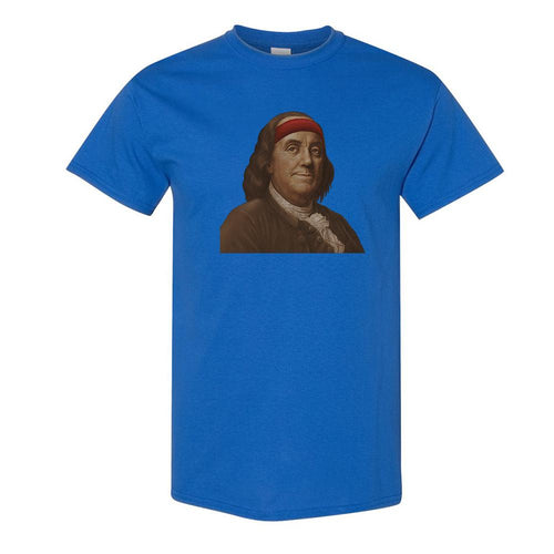 Ben Franklin Sweatband T-Shirt | Ben Franklin Sweat Band Royal Blue T-Shirt the front of this shirt has ben franklin with a sweatband on