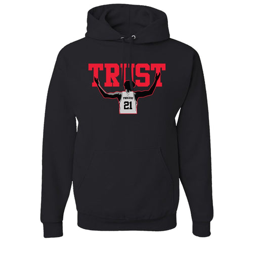 Trust The Process Pullover Hoodie | The Process Black Pull Over Hoodie the front of this trust hoodie has the word trust with embiid below it