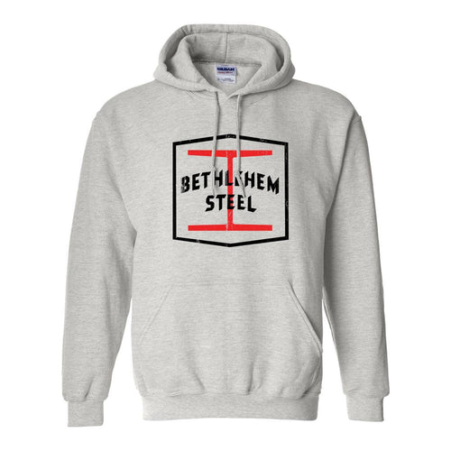 Bethlehem Steel Distressed Pullover Hoodie | Bethlehem Steel Ash Pull Over Hoodie the front of this hoodie has the steel logo