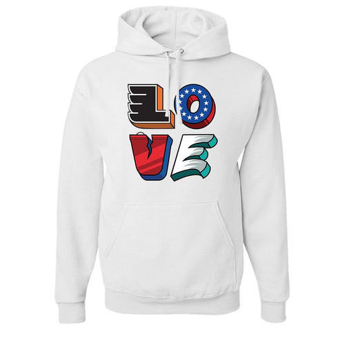 Love Philly Teams Pullover Hoodie | Philadelphia Sports Teams Love Sign White Pullover Hoodie the front of this hoodie has the love statue with a team representing every letter of the statue