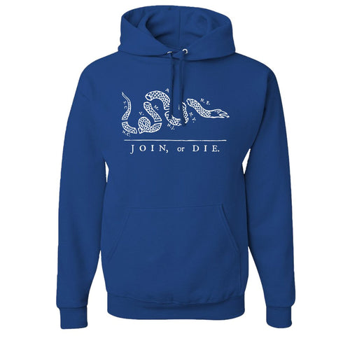 Join Or Die Pullover Hoodie | Join Or Die Royal Blue Pull Over Hoodie the front of this hoodie has the join or die design
