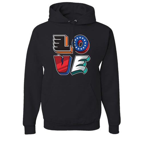 Love Philly Teams Pullover Hoodie | Philadelphia Sports Teams Love Sign Black Pullover Hoodie the front of this hoodie has the love statue and every letter represents a sports team from Philly