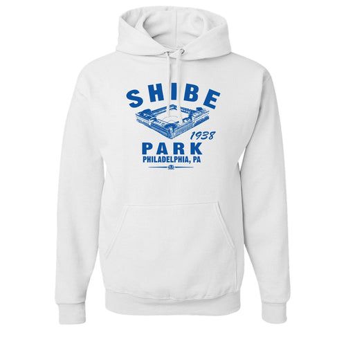 Shibe Park Retro Pullover Hoodie | Shibe Park Vintage White Pull Over Hoodie, the front of this hoodie has shibe park and the text in blue along with the year the Baseball joined